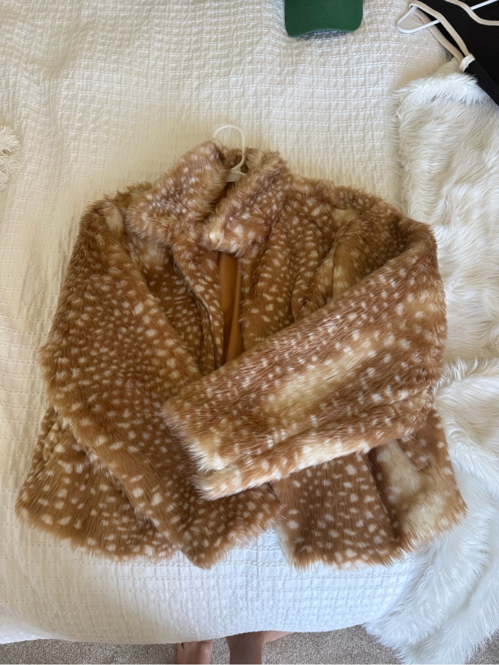 Faux Fawn Print Cropped Faux Fur Jacket - Brown